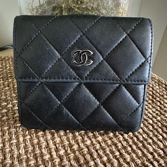 Chanel Lambskin Quilted W Hook Compact Wallet Black Leather Silver Hardware - Picture 1 of 12
